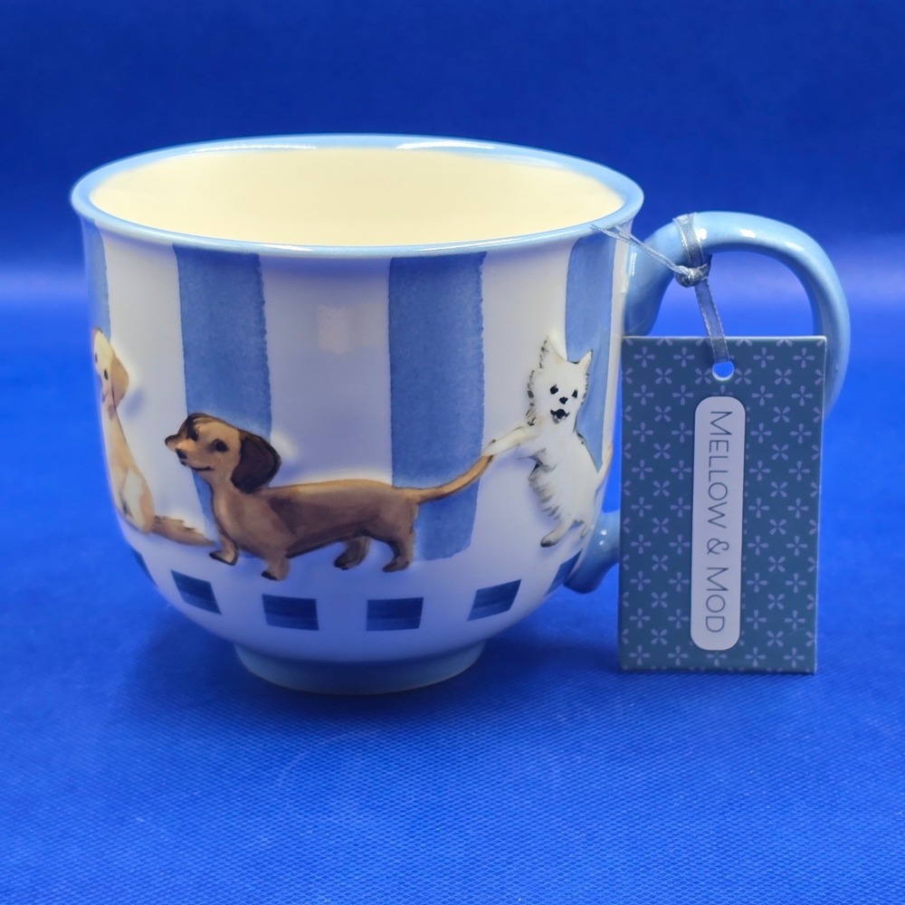 Mellow‎ & Mod Blue Striped Dog Mug Soup Bowl Ceramic Dachshund Terrier NWT